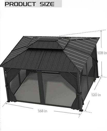 10x14 Ft Hardtop Gazebos with Heavy Duty Double Roof, Nettings and Curtains Galvanized Steel Outdoor Gazebos for Patio, Backyard, Deck, Lawn (Grey)