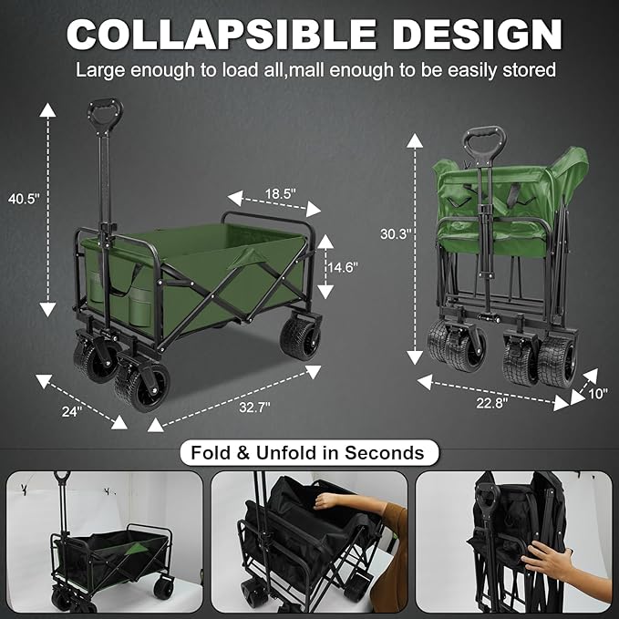 SZHLUX Collapsible Foldable Wagon with Big Wheels for Sand, Utility Grocery Wagon with Side Pocket and Brakes for Camping, Sports, Outdoor Activities