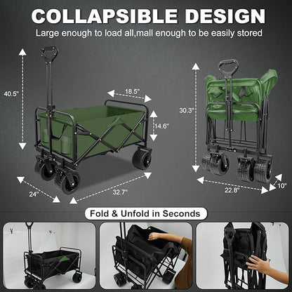 SZHLUX Collapsible Foldable Wagon with Big Wheels for Sand, Utility Grocery Wagon with Side Pocket and Brakes for Camping, Sports, Outdoor Activities