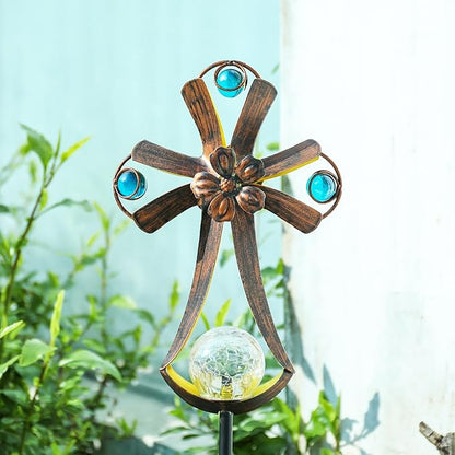 VCUTEKA Solar Garden Lights Cemetery Metal Flower Decor Colorful Solar Pathway Light with LED Cracked Crystal Ball Outdoor Decorative Stake for Patio Yard Lawn Garden Decor (Cross)