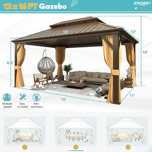 EROMMY 12'x16' Gazebo Hardtop, Galvanized Steel Double Roof Metal Gazebo with Aluminum Frame, Permanent Outdoor Pavilion with Curtain and Netting for Patio, Lawn and Garden, Brown
