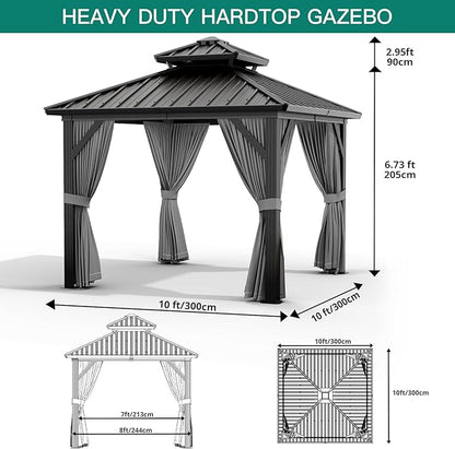 Outdoor Gazebos Canopy 10 x 10 ft Permanent with High Strength Aluminum Frame, Iron Double-Roof, Pavilion with Curtain and Netting for Patio, Lawn, Deck, Garden