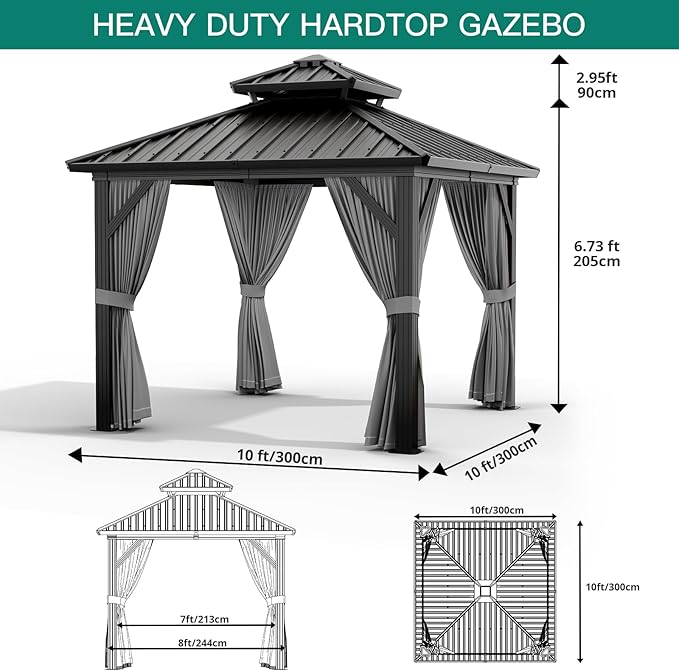 10'x10' Hardtop Gazebo, Heavy Duty Aluminum Permanent Hardtop Gazebo Outdoor Pavilion with Curtains and Netting for Garden (Gray, 10'x10')