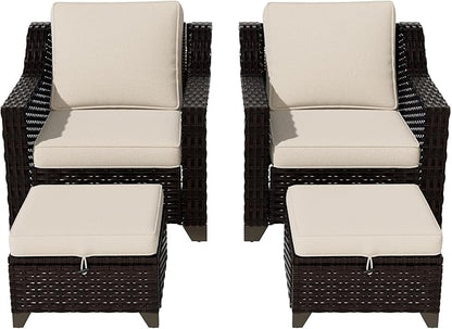 Vista Vibe 4 Pieces Outdoor Patio Conversation Furniture Set - 2 Luxurious Armchairs | 2 Wicker Ottomans, Removable Cushions, Hand-Woven PE Rattan, Office, Porch (Brown/Beige)