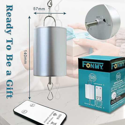 FONMY Disco Ball Motor with Remote Battery Operated 10RPM Hanging Display Rotating Motor for Wind Spinner Baby Crib Wind Chime Mobile Yard Decor Ornaments Outdoor Sculptures-Silver Color-Low Speed