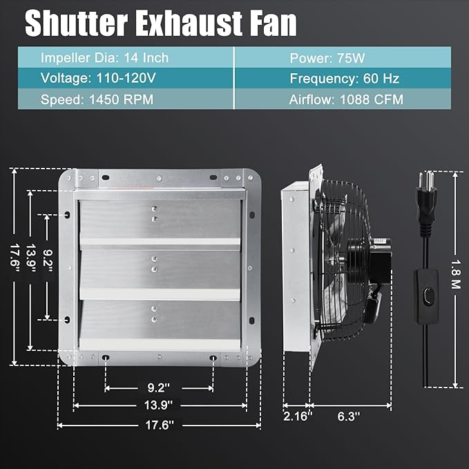 Criditpid 14 Inch Shutter Exhaust Fan with Speed Controller and Power Cord for Garage, Greenhouse, Attic, Chicken Coop, Shop, Shed, Basement Ventilation, 1088 CFM 1450 RPM Wall Mounted Exhaust Fan.