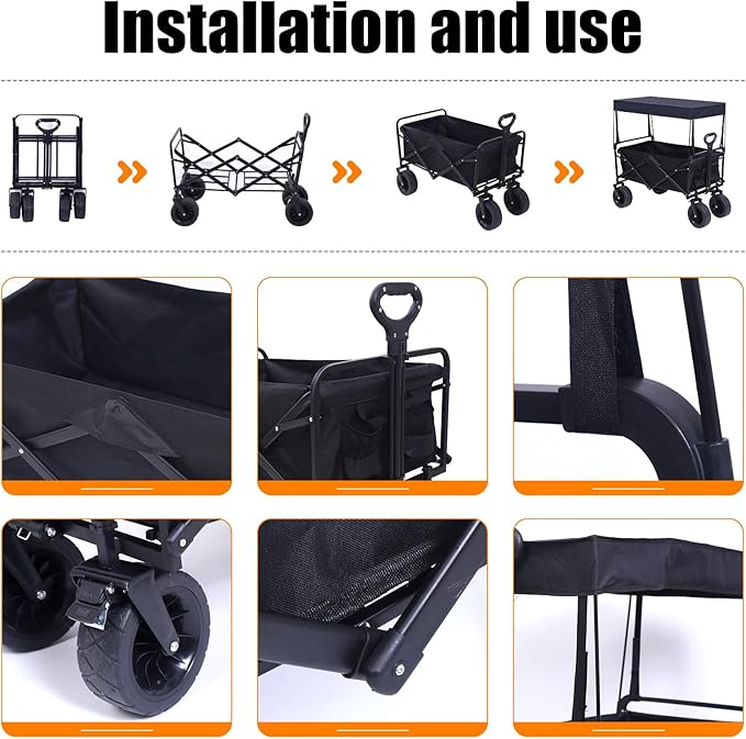 Nice C Heavy Duty Wagon, Collapsible Wagon with Canopy, Black, Steel, 4 Wheels, 33 x 22.4 x 7.6 inches