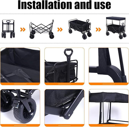 Nice C Heavy Duty Wagon, Collapsible Wagon with Canopy, Black, Steel, 4 Wheels, 33 x 22.4 x 7.6 inches