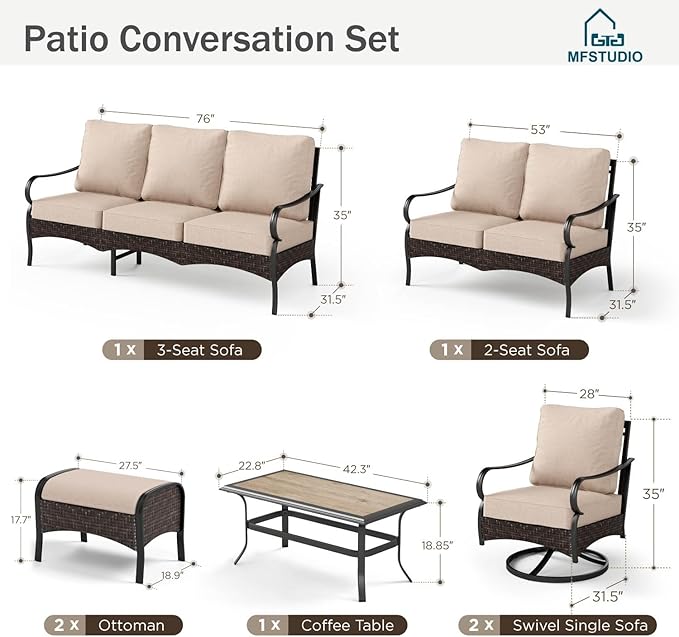 MFSTUDIO 7 PCS Outdoor Patio Furniture Set, Metal Outdoor Conversation Set, Rattan Wicker Patio Sectional with 2 x Swivel Single Sofa, 2 and 3-Seat Sofa, 2 x Ottoman, 1 x Coffee Table, Beige