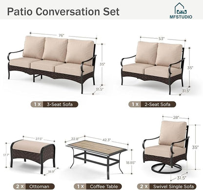 MFSTUDIO 7 PCS Outdoor Patio Furniture Set, Metal Outdoor Conversation Set, Rattan Wicker Patio Sectional with 2 x Swivel Single Sofa, 2 and 3-Seat Sofa, 2 x Ottoman, 1 x Coffee Table, Beige