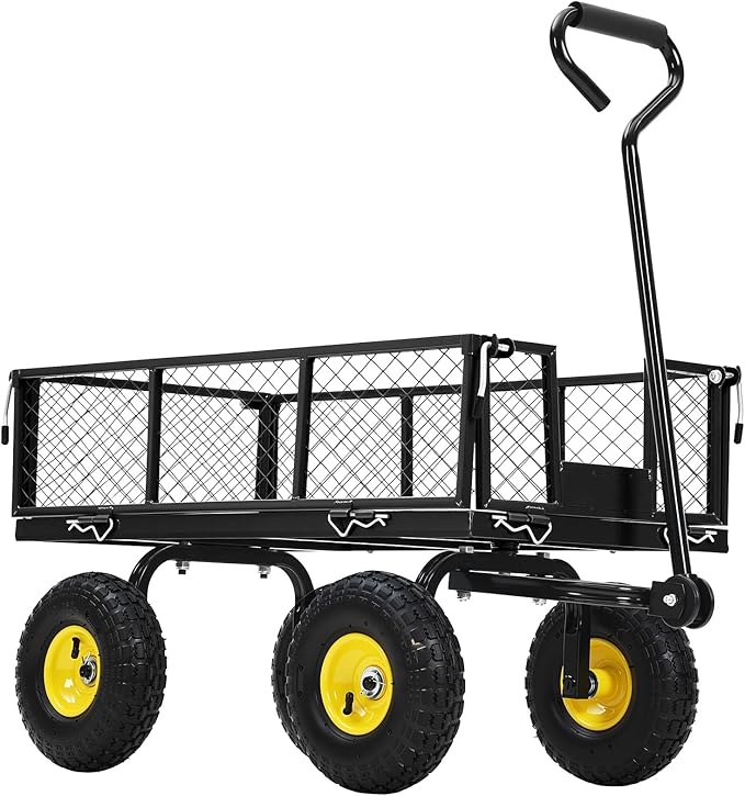 Heavy Duty Steel Garden Cart, 550 LBS 3 in 1 Pullable Metal Garden Wagon with 10" Wheels, 180° Rotating Handle and Removable Sides for Farm, Yard