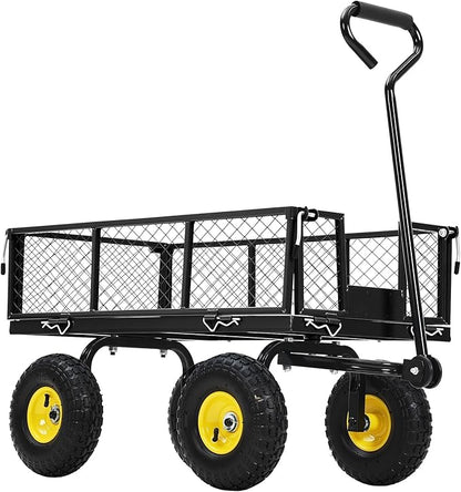 Heavy Duty Steel Garden Cart, 550 LBS 3 in 1 Pullable Metal Garden Wagon with 10" Wheels, 180° Rotating Handle and Removable Sides for Farm, Yard