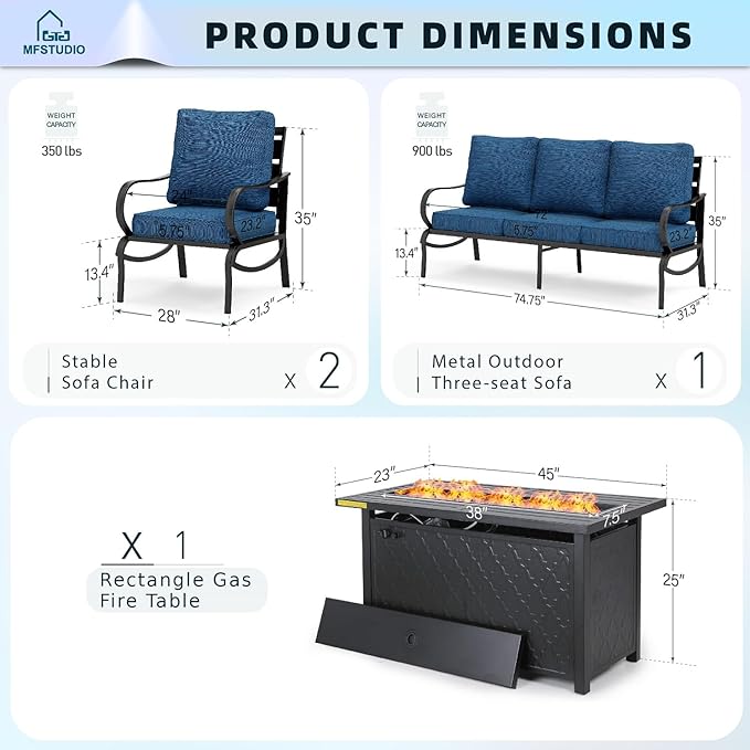 MFSTUDIO 4 Piece Patio Conversation Sets, All Weather Metal Frame Outdoor Furniture Set Patio Sofas with 1 x 45 Rectangular Fire Pit Table, 1 x 3-Seat Sofa, 2 x Sofa Chairs, Peacock Blue Cushion