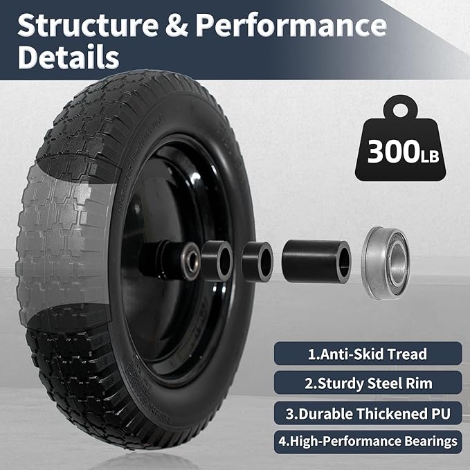 Wheelbarrow Tire 4.80/4.00-8 Flat Free Solid Tire Wheel 14.5 Inch, Replacement Heavy Duty Wheel, with 5.8" and 3.4" Bearings 3" Center Hub, fits Garden Cart, Dolly, Hand Truck, Trailer, Wagon, 1 Pcs