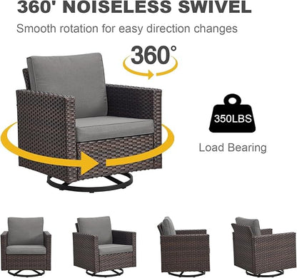 Wicker Outdoor Swivel Chairs Set of 4 with Fire Pit Table, 5 Pieces Patio Furniture Set with Fire Pit Table for Yard, Deck, Garden, Brown/Grey