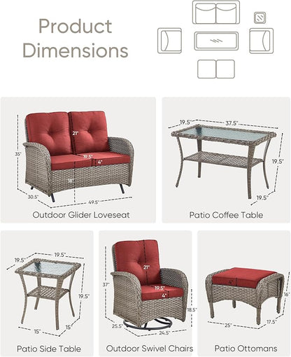 HUMMUH 7 Pieces Wicker Patio Conversation Set Outdoor Glider Loveseat with Patio Swivel Rocking Chairs Outdoor Patio Set for Deck Lawn Porch Balcony Poolside-Grey/Red