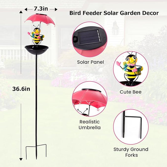 Bird Feeder Solar Garden Decor, Waterproof Bee Metal Wildbird Cardinals Hummingbirds Feeders with LED Lights, Gifts for Mom Grandma Bird Lovers Outdoor Path Yard Decoration
