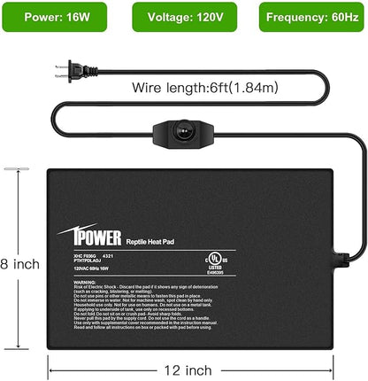 iPower 8 by 12 Inch Reptile Heating Pad with Temperature Adjustable Controller Knob, Under Tank Warmer Terrarium Heat Mat for Reptiles and Amphibians
