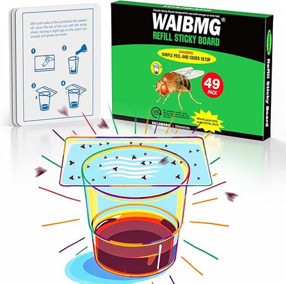 Fruit Fly Trap Covers, Double-Sided Sticky Adhesive Cards for Gnats, Fruit Flies, Moths, Kitchen Insect Control (49 Pcs)