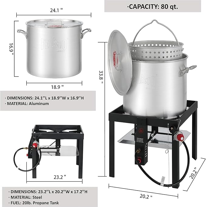 80QT Outdoor Propane Aluminum Boiling Pot with Basket, Crab Steaming, Crawfish Boil, Seafood Boil Pot, Crawfish Cooker, Low Country Boil Pot, Non-Assembly Frame Stand, CSA Certified