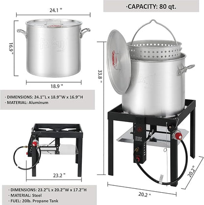 80QT Outdoor Propane Aluminum Boiling Pot with Basket, Crab Steaming, Crawfish Boil, Seafood Boil Pot, Crawfish Cooker, Low Country Boil Pot, Non-Assembly Frame Stand, CSA Certified