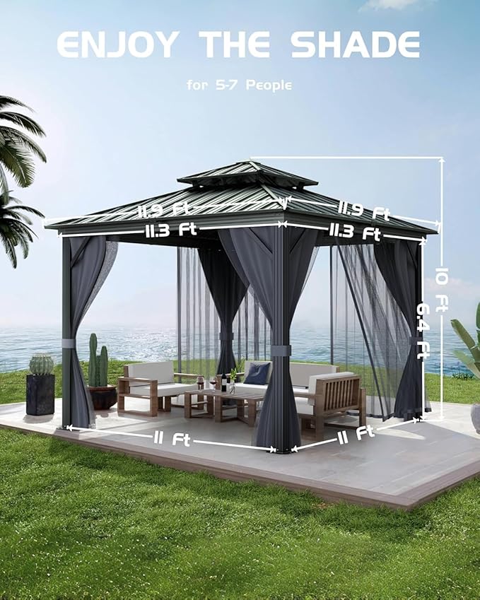 Hardtop Gazebo 12'x12' for All Weather, with Double Metal Roof, Aluminum Alloy Frame, and Net and Curtain, Permanent Building of Backyard Luxury for Patio, Deck, Backyard, Lawn, and Garden, Gray