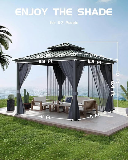 Hardtop Gazebo 12'x12' for All Weather, with Double Metal Roof, Aluminum Alloy Frame, and Net and Curtain, Permanent Building of Backyard Luxury for Patio, Deck, Backyard, Lawn, and Garden, Gray