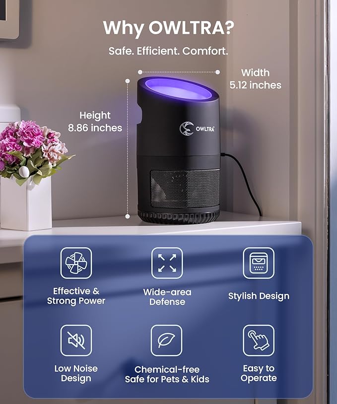 OWLTRA IMT-L70 Indoor Electric Insect Trap, Catcher & Killer Lamp for Fruit Flies, Mosquitos, Moths, Gnats, and More with UV Light Attraction and Fan Suction, Black