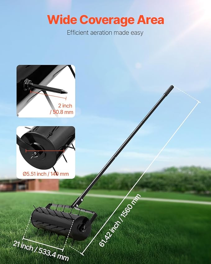 VEVOR Rolling Lawn Aerator, 21-inch Heavy-Duty Manual Rolling Aerator Lawn with Detachable Handle and 33 Iron Spikes, Rolling Lawn Aeration Tool for Garden Patio Yard Compacted Soils and Lawns, Black