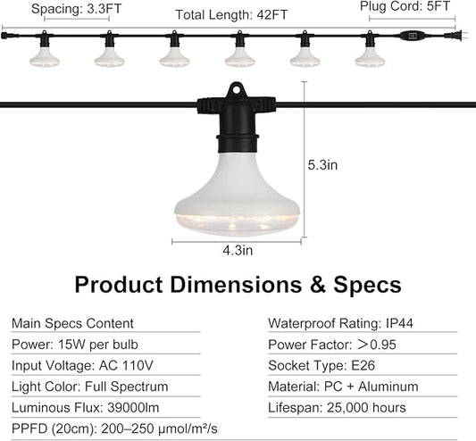 Outdoor Grow Lights Waterproof, Full Spectrum String Grow Light with 22FT Light String Cord for Seedling, Veg, Flower in Greenhouse, Garden, Backyard, Farm (12 Lights, with Smart Plug)
