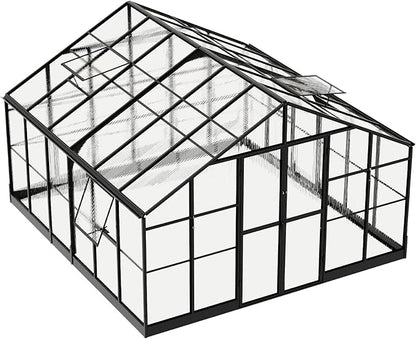Jocisland 12x13.5x9 Polycarbonate Outdoor Aluminum Greenhouse - Quick Connect Fittings, 6.7 FT Height Bronze Double Doors, 4 Ventilation, Walk In Backyard Garden Greenhouse