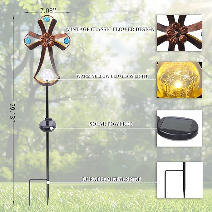 VCUTEKA Solar Garden Lights Cemetery Metal Flower Decor Colorful Solar Pathway Light with LED Cracked Crystal Ball Outdoor Decorative Stake for Patio Yard Lawn Garden Decor (Cross)