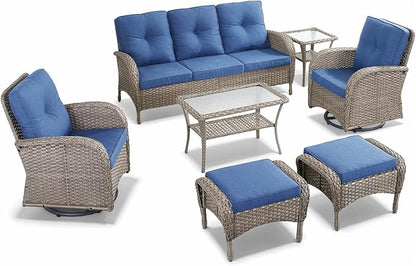 HUMMUH 7 Pieces Outdoor Furniture Set-All Weather Wicker Rattan Couch with Outdoor Rocking Chair Patio Furniture for Deck Lawn Porch Balcony Poolside-Grey/Blue