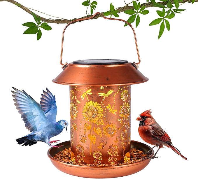 2pack Solar Bird Feeders Outdoors Hanging Metal Bird Feeder Chewproof Waterproof Dragonfly Lantern Decorative Garden, Patio, Landscape, Gifts for Women Birds Lovers