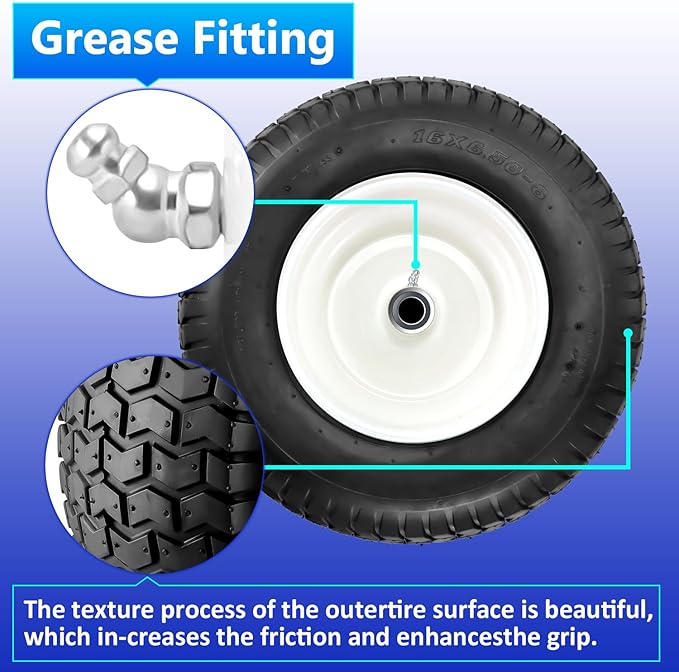 Cenipar 16x6.50-8" Lawn Mower Tire and Wheel with 3/4" Iron Bushing, 3" Offset Hub 4 Ply Heavy Duty Replacement for Craftsman Mower, Garden Lawn Tractors (2-Pack)