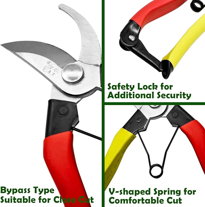 Pruning Shears for Gardening, 8-Inch Bypass Garden Shears with Sharp Steel Blade, Lightweight Garden Scissors with Spring and Lock for Trimming Branches, Flowers, Bonsai
