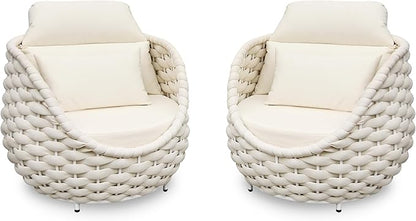 Patio Accent Chairs Set of 2: Aluminum Porch Lounge Chair with Arms - Woven Rope Cushioned Armchair - Modern One Seater Sofa - Outdoor Deck Furniture for 400lbs Balcony Yard Garden Hotel, Beige