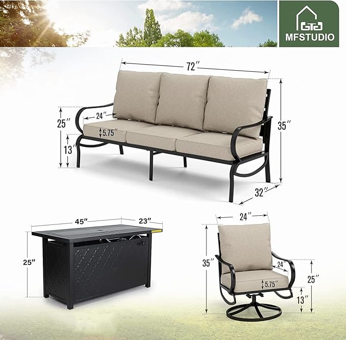 MFSTUDIO 4 Pieces Patio Conversation Sets, All Weather Metal Frame Outdoor Furniture Set Patio Sofas with 1 x 45 Rectangular Propane Fire Table, 1 x 3-Seat Sofa, 2 x Swivel Chairs, Beige Cushion