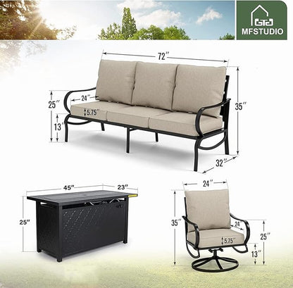 MFSTUDIO 4 Pieces Patio Conversation Sets, All Weather Metal Frame Outdoor Furniture Set Patio Sofas with 1 x 45 Rectangular Propane Fire Table, 1 x 3-Seat Sofa, 2 x Swivel Chairs, Beige Cushion