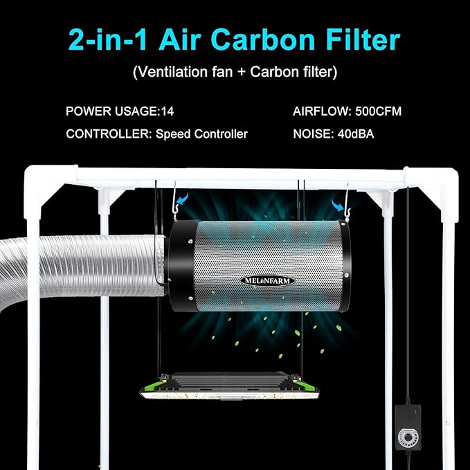 MELONFARM Air Filtration Kit 4", Built-in 14cm Fan Low Nois Carbon Filter with 12-Speed Controller, 8' Ducting, Cooling & Ventilation System for Grow Tents, Indoor Gardening, Hydroponics 4“x12.2