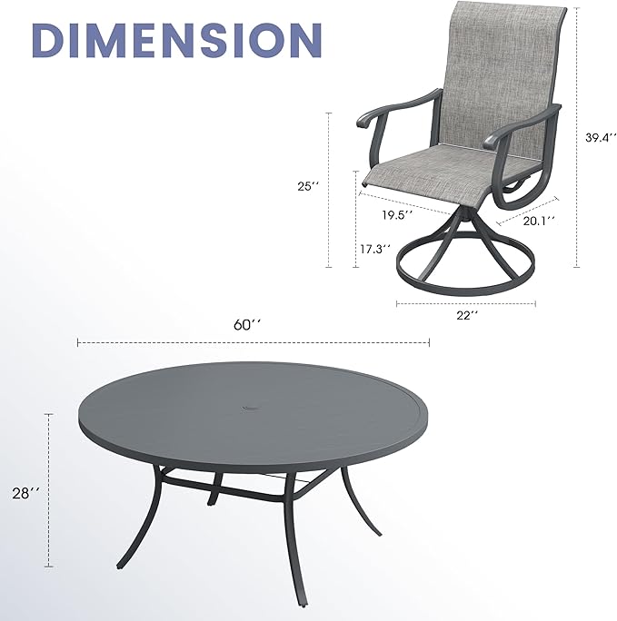 VICLLAX 9 Pieces Patio Dining Set, Outdoor Furniture Set of 8 Patio Swivel Dining Chairs and 60" Patio Round Table for Yard Backyard, Grey Chairs & Dark Grey Tabletop