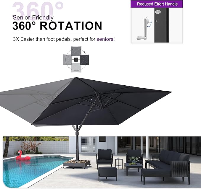 PURPLE LEAF 11' X 15' Rectangle Patio Umbrella Large Outdoor Aluminum Offset Umbrella with 360° Rotation Cantilever Umbrella with Base Included for Garden Deck Backyard Pool Grey