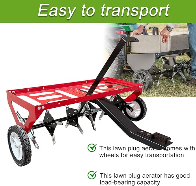 kerlista Tow Behind Lawn Plug Aerator and Heavy Duty Lawn Aerator for Tractors Ride-On Mowers and ATVs and Durable Steel Construction 40-Inch Working Width 3-Inch Spike Depth-Red