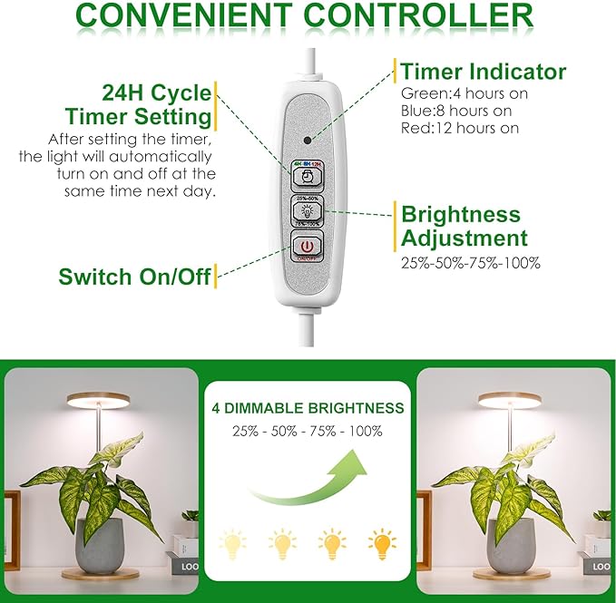 LORDEM Bamboo Grow Light, LED Plant Light for Indoor Plants Growing, Full Spectrum Bamboo Desk Growth Lamp with Automatic Timer for 4H/8H/12H, 4 Dimmable Levels, Height Adjustable, Pack of 2