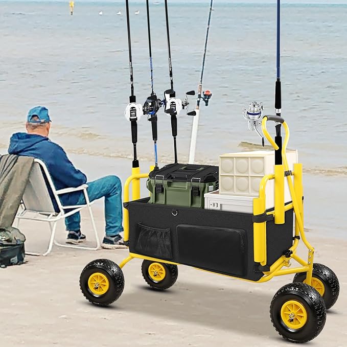 Fishing Cart,Beach Wagon Trolley Cart with 11'' All-Terrain Wheels for Sand,Heavy Duty Garden Cart with Rod Holders,Umbrella Holder and Durable Collapsible Wagon