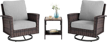 HERA'S HOUSE Outdoor Deck Furniture, High Back Wicker Patio Swivel Chairs with Rattan Table for Porch Balcony Lawn Garden, Grey