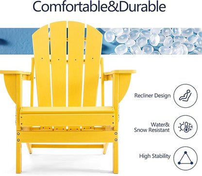Folding Adirondack Chair, HDPE Outdoor Texture Lawn Chair with Reclining Back, Cup and Phone Holder - Comfortable Firepit Chair Weather Resistant for Patio or Backyard (Yellow, Set of 4)