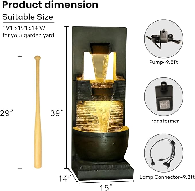 39" H Modern Outdoor Water Fountain with LED Lights and Pump, 3-Tier Standing Cascading Waterfall - Modern Design for Garden/Patio/Yard, Multi-Level Outdoor Decor 15“x14”x39“(Brown)