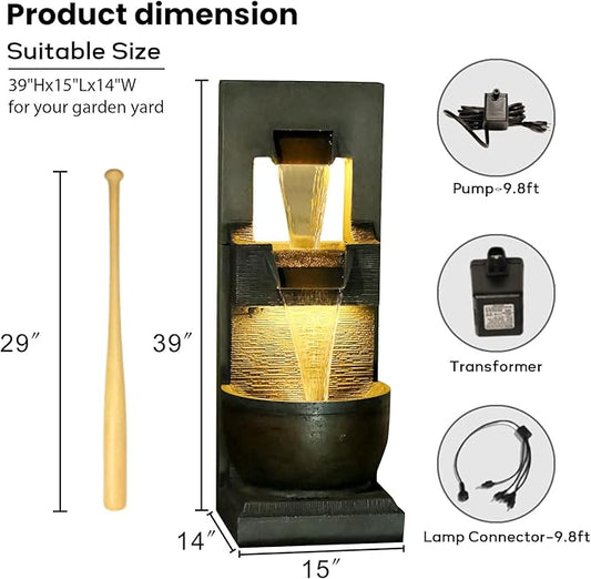 39" H Modern Outdoor Water Fountain with LED Lights and Pump, 3-Tier Standing Cascading Waterfall - Modern Design for Garden/Patio/Yard, Multi-Level Outdoor Decor 15“x14”x39“(Brown)