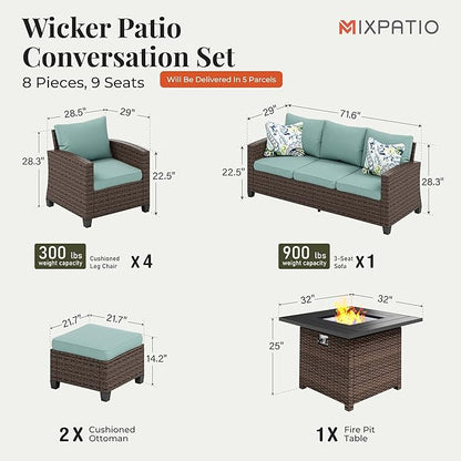 Patio Furniture Set, 8 Pcs Wicker Rattan Outdoor Conversation Set, 4 x Leg Chairs, 1 x 3 Seater Sofa and 2 x Ottoman with 4" Thick Cushion and 32" Fire Pit Table, Blue
